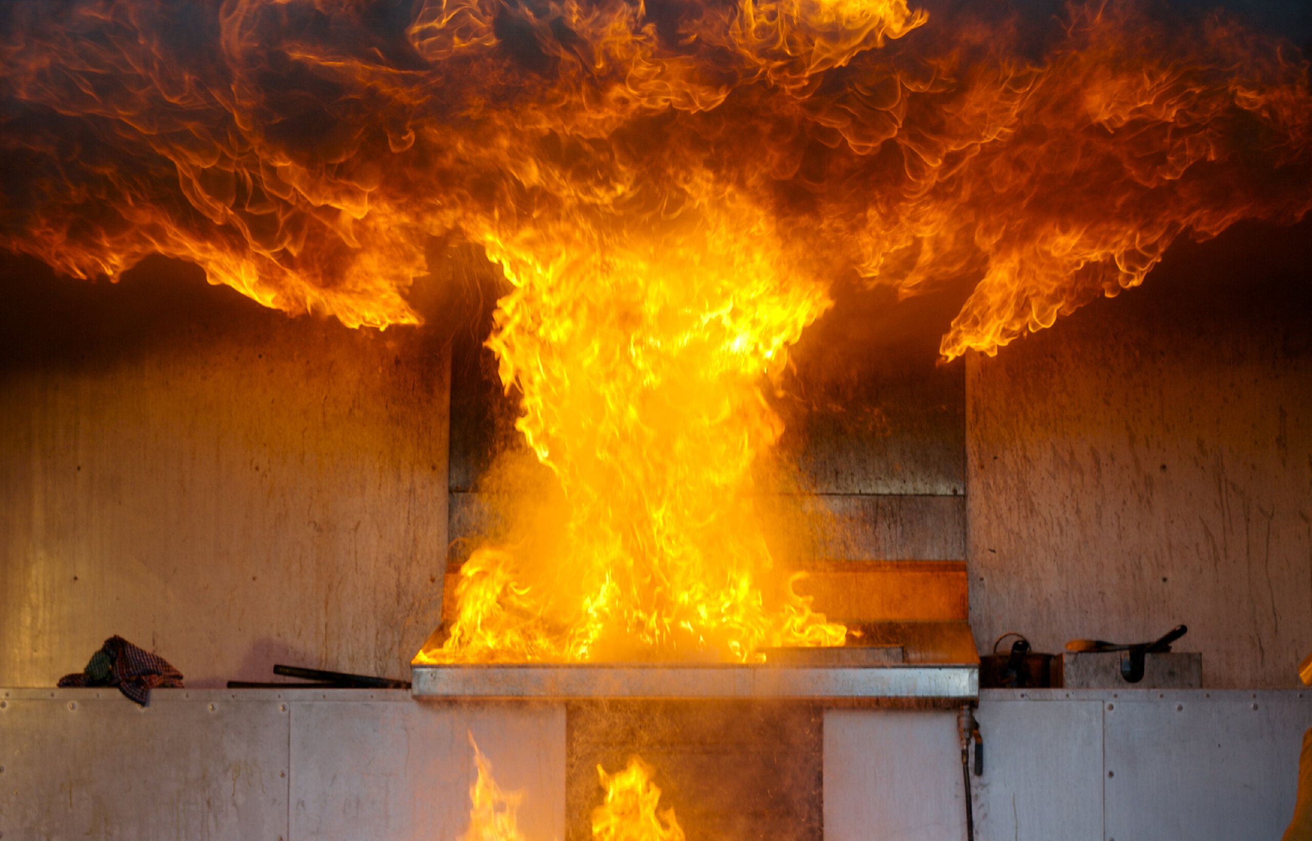 fire in kitchen with a lot of fire damage