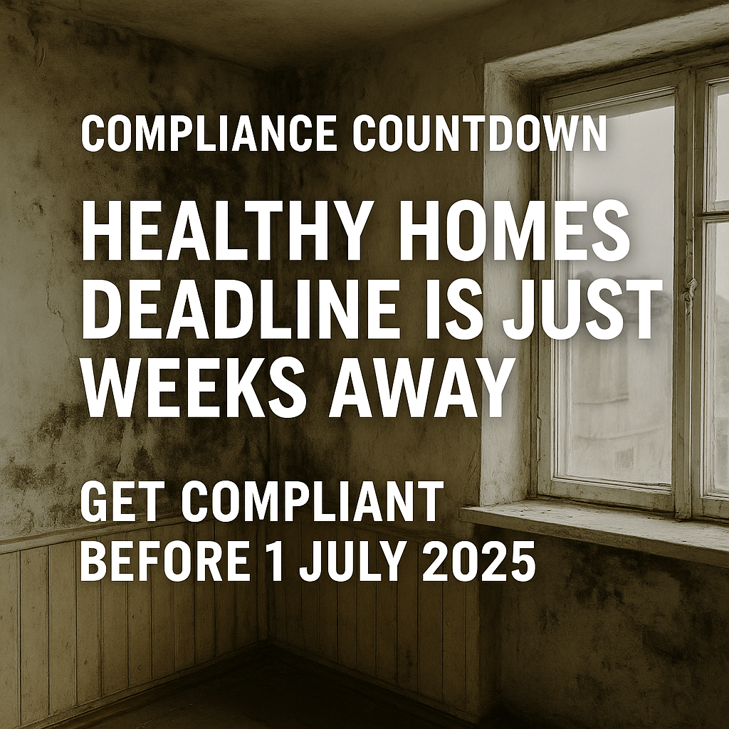 Dilapidated room with mould-covered walls and a message about the Healthy Homes compliance deadline of 1 July 2025.